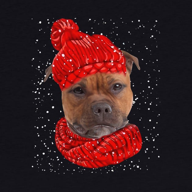 Staffordshire Bull Terriers Wearing Red Hat Christmas by Gearlds Leonia
